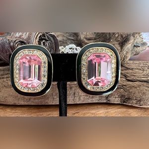 Gold Tone Huge Pink Crystal Earrings Clip On Rhinestones Black Enamel 1 1/4”x 1”
